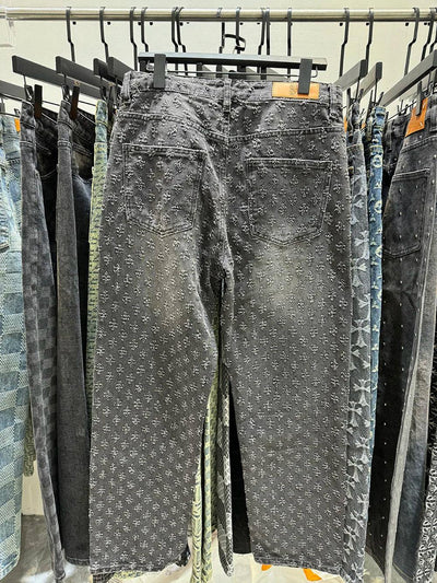 European Designer Jeans Men Ripped Holes Washed Baggy Pants New Fall Straight Fit Wide Leg Bottoms
