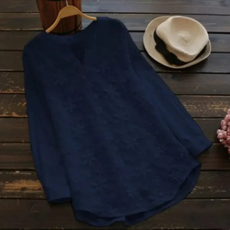 Embroidery Lace Linen Women's Plus Size V Neck Tops