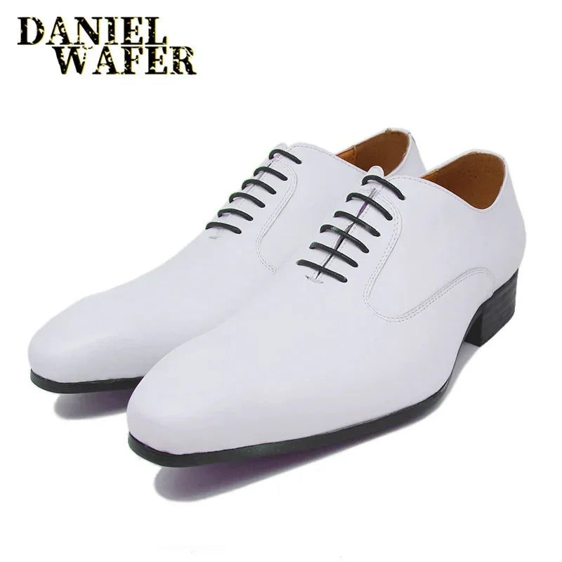 Luxury Brand Men's Oxford Shoes White Black Brown - Dress Office Wedding Formal Lace-Up Pointed Toe Leather Shoes
