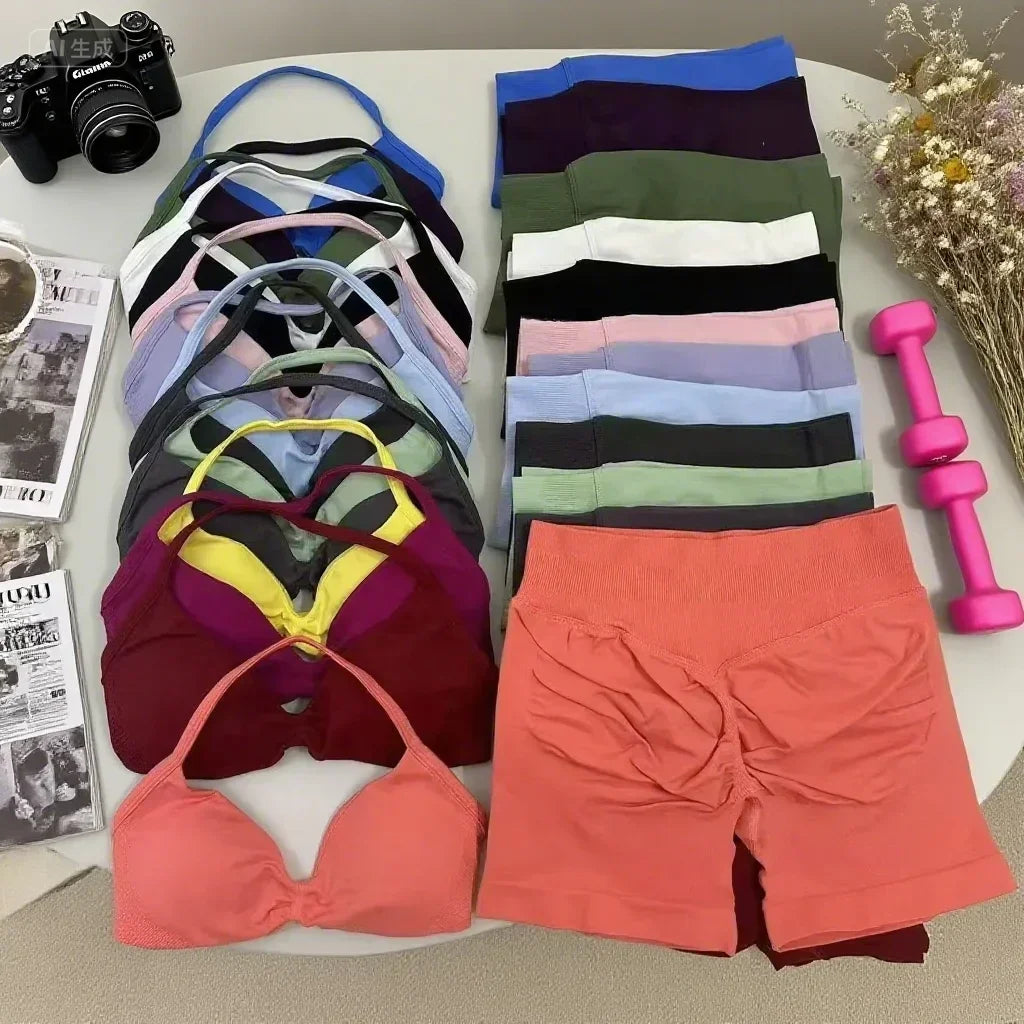 European American Ins 2025 2PCS Yoga Gym Set Women Seamless Yoga Bra High Waist Workout Scrunch Shorts Suit Fitness Sportswear