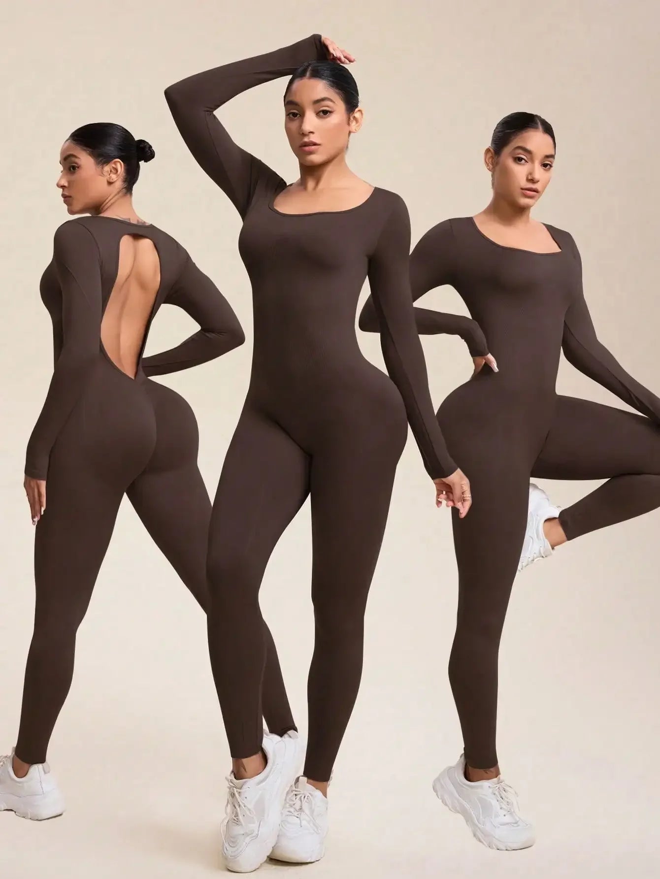Women Jumpsuits Long Sleeve Sexy Backless Bodycon Rompers Scrunch Butt V Back Playsuit Workout Bodysuit