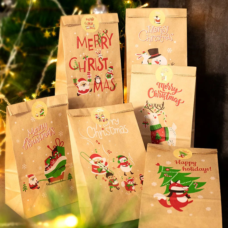 Christmas Gift Bags Kraft Paper Bag Candy Cookie Packaging Pocket Xmas Advent Calendar Digital Sticker Packing Supplies 24pcs