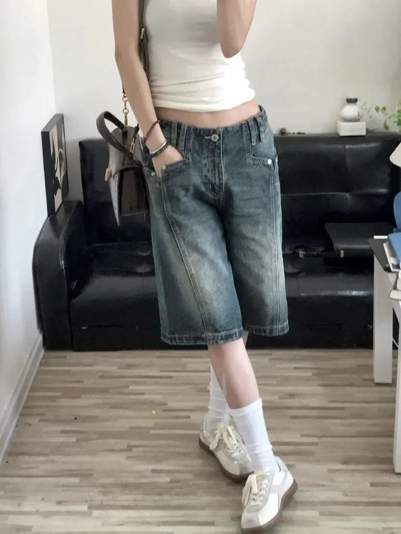 American Retro Blue Denim Shorts Women Korean Style High Waist Biker  Jeans Feminino 2025 Summer Chic Streetwear