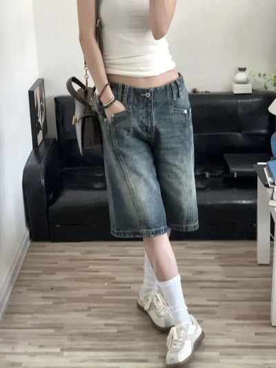 American Retro Blue Denim Shorts Women Korean Style High Waist Biker  Jeans Feminino 2025 Summer Chic Streetwear