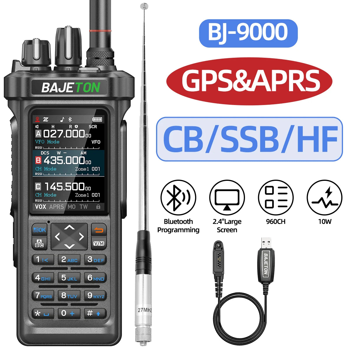 BAJETON BJ-9000 GPS APRS Walkie Talkies 10W CB 27Mhz CB/SSB/HF Receive Bluetooth Programming NOAA ShortWave For RT-950 Ham Radio