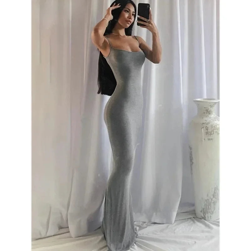 Women Backless Sexy Maxi Dress 2025 Spring Satin Slip Sleeveless Slim Party Concise Платье Female Bodycon Dress Elegant Clothing