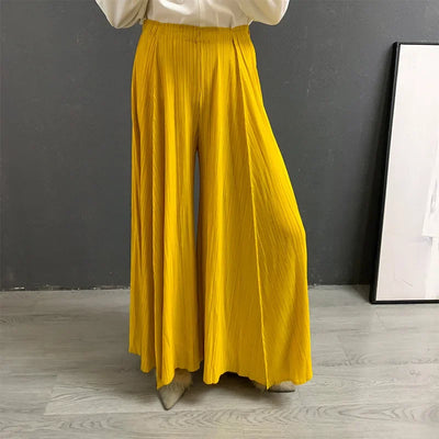 Pleated Wide Leg Pants For Women New Autumn 2025 Solid Color Elastic Waist High Quality Loose Casual Trousers Female