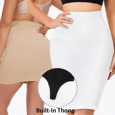 Women Sexy High Waist Dress Half Slip Shapewear Built-in Thong Seamless Body Shaper Knee Length Butt Lifter Anti-Slip Skirt