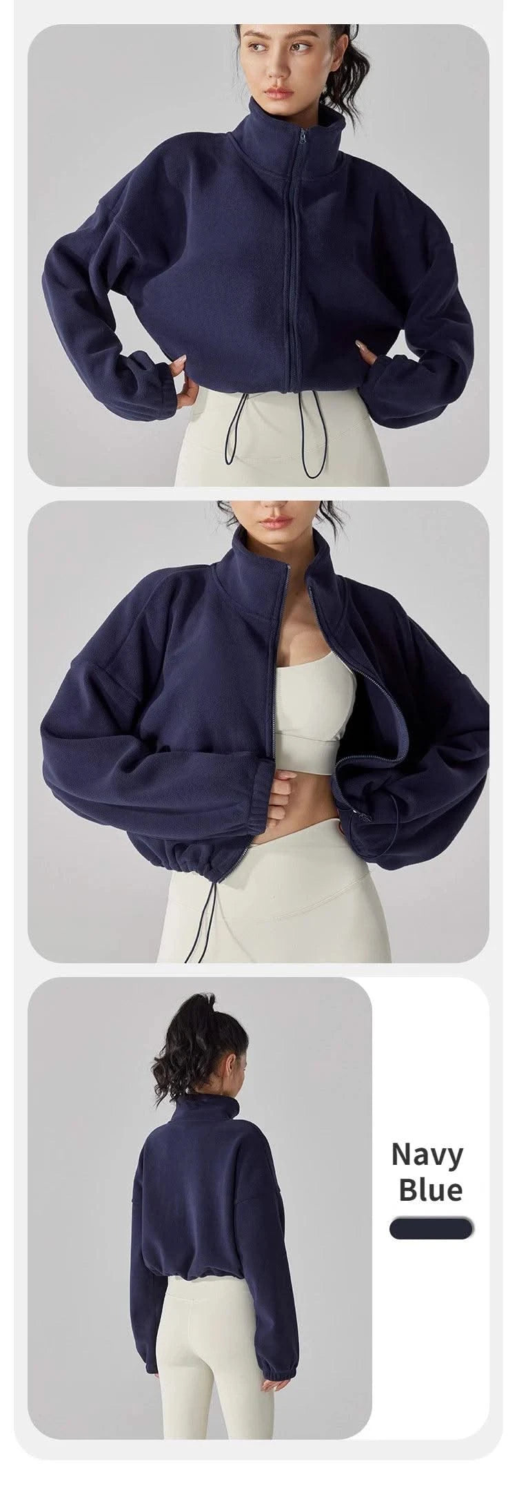 Women's Fleece Short Jacket Full Zip Stand Collar Warm Winter Sherpa Crop Coats with Drawstring Hem Gym Fitness Sports Clothing
