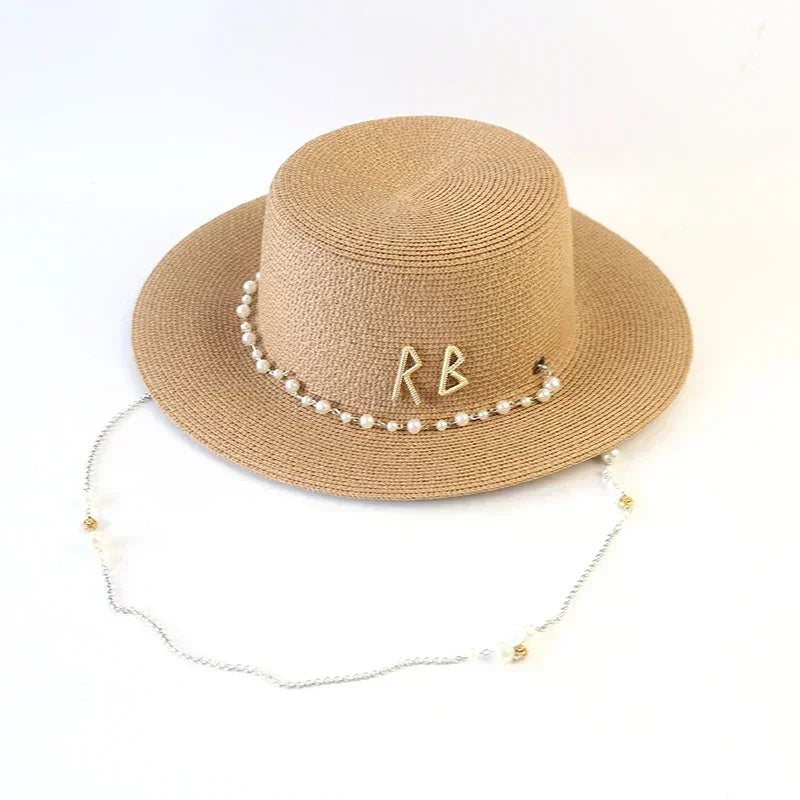 New women summer hats straw sun hat panama elegant fedoras lady girl outdoor vacation with pearl chain sunshade beach