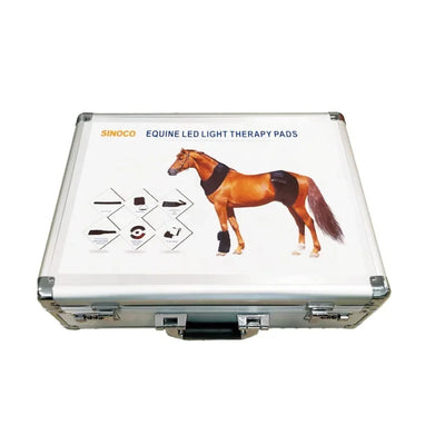 Silver aluminum case with horse image and red light therapy pads label