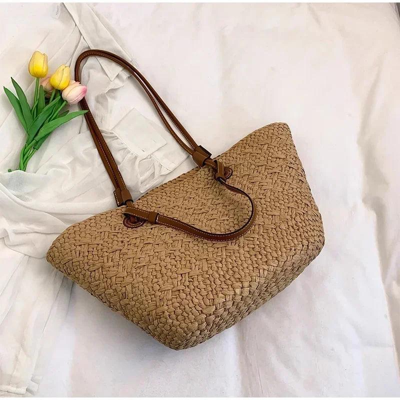 Designer bohemian chic shoulder bag,solid color large capacity straw woven tote bag,nature-inspired beach vacation