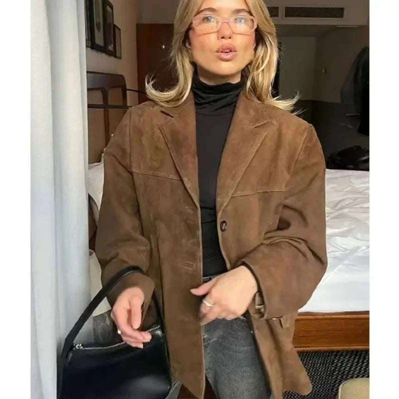2024 Women's Autumn Coats Vintage Brown Suede Leather Women's Blazer Jacket Fashion Lapel Single Breasted Pocket Short Jacket - Elanique
