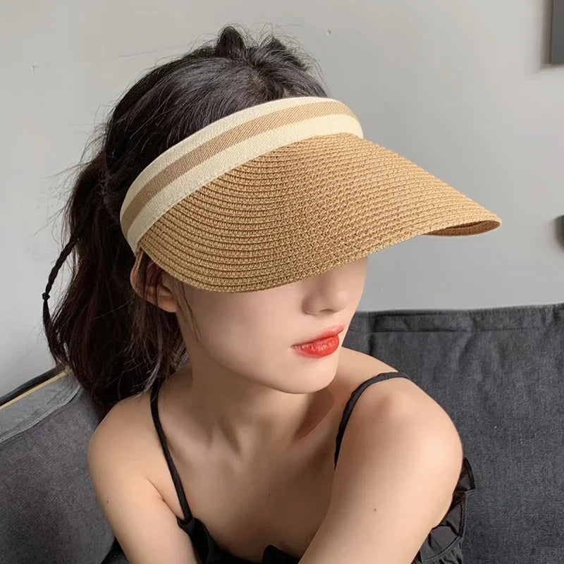 Fashionable Women's Sun Hat Sunscreen UV Resistant Beach Sun Hat Casual Hat Lafite Grass Woven Top Hat Suitable for Summer Women