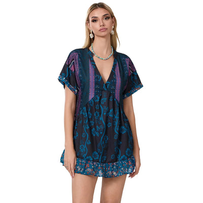 Women Summer Babydoll Dress Bohemian Holiday Vintage Floral Print Short Sleeve Deep V-Neck Flowy Dress with Pockets