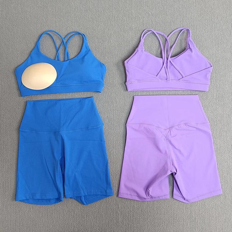 Yoga Shorts Set Gym Sports Set Women Fitness Suit Clothes 2 Piece Cross Back Bra Top High Waist Shorts Running Workout Tracksuit