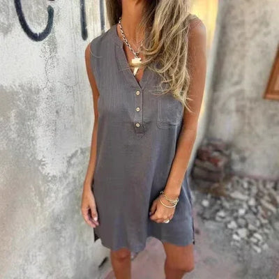 2025 Fashion Casual Cotton Linen Dresses For Women Summer Sleeveless Button Pocket Deep V Neck Party Mini Female Dresses Blue