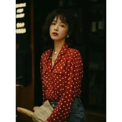 Top V-neck Red Polka Dot Shirt for Women