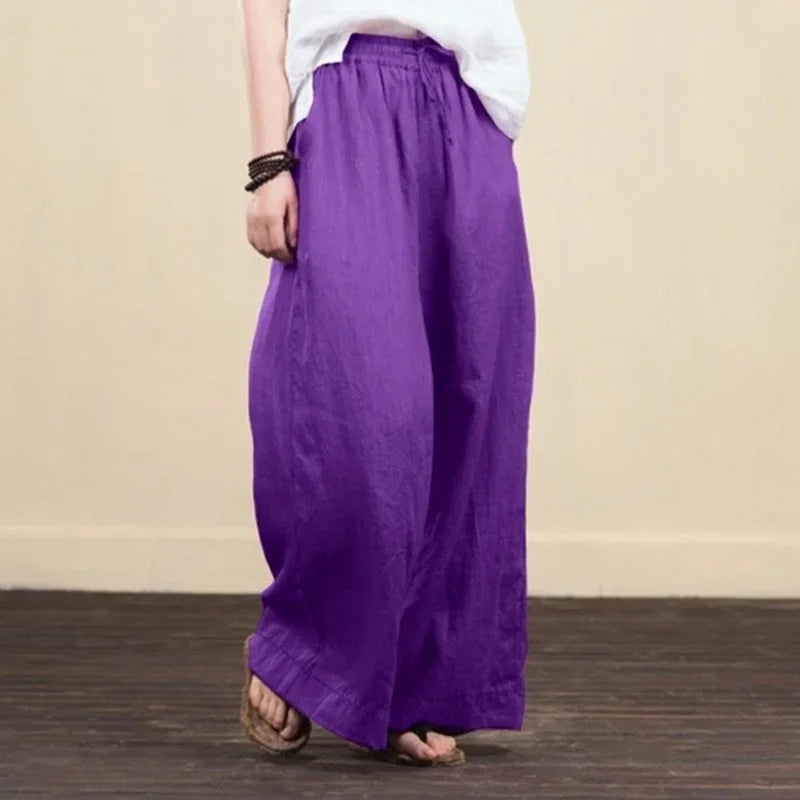 Women Wide Leg Pants Solid Loose Length Pants Cotton Linen Elastic Waist Casual Pants Vintage Mid Waist Pants 5XL
