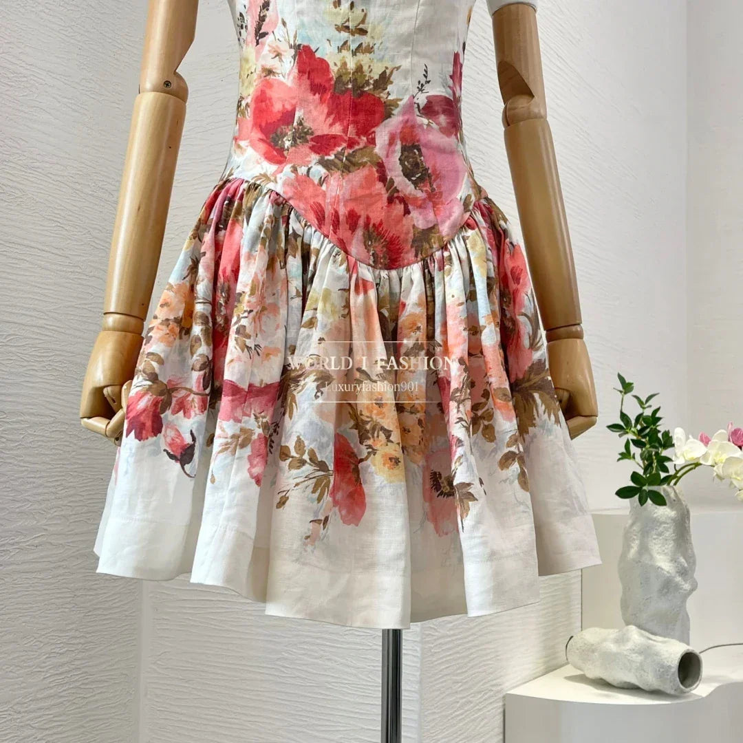 Linen 2025 Summer High Quality New Sleeveless White A-line Cut Out Floral Print Pleats Women Mini Dress