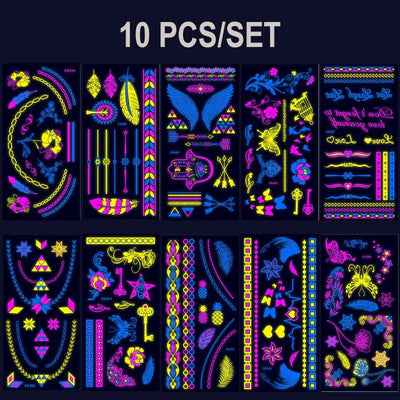 Temporary Fluorescent Tattoos Flower Feather Animals Pattern Body Arm Leg Face Stickers Night Bar Party Music Festival
