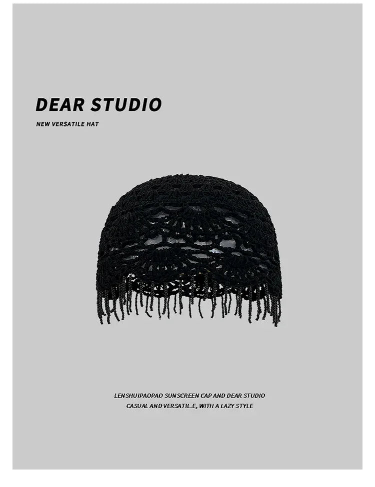 Personalized Beaded Fringed Knitted Beanies for Women Summer Autumn Thin Hollow Versatile Casual Retro Ethnic Style Pullover Hat