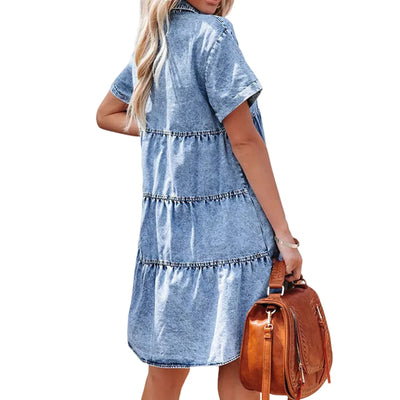 Women Babydoll Dress Stylish Women's A-line Denim Mini Dress with Short Sleeves Button-down Detail for Dating Commuting Parties