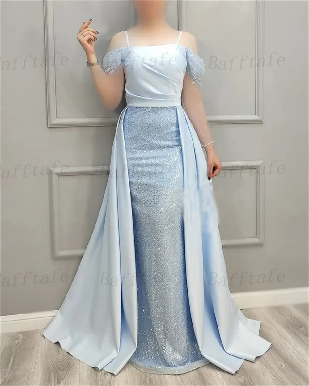 Bafftafe Shiny Sequines Satin Mermaid Evening Dresses Prom Off The Shoulder Straps Customized Women Formal Birthday Party Gowns