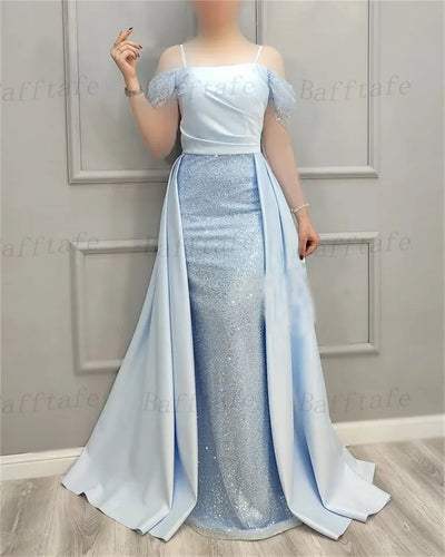 Bafftafe Shiny Sequines Satin Mermaid Evening Dresses Prom Off The Shoulder Straps Customized Women Formal Birthday Party Gowns
