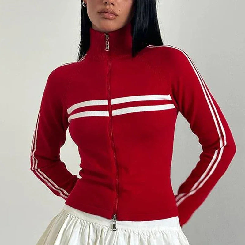 Women Workout Knitted Biker Jacket Vintage Striped Print Casual Long Sleeve Zip up Sweater for Outwear Cardigan Y2k Streetwear