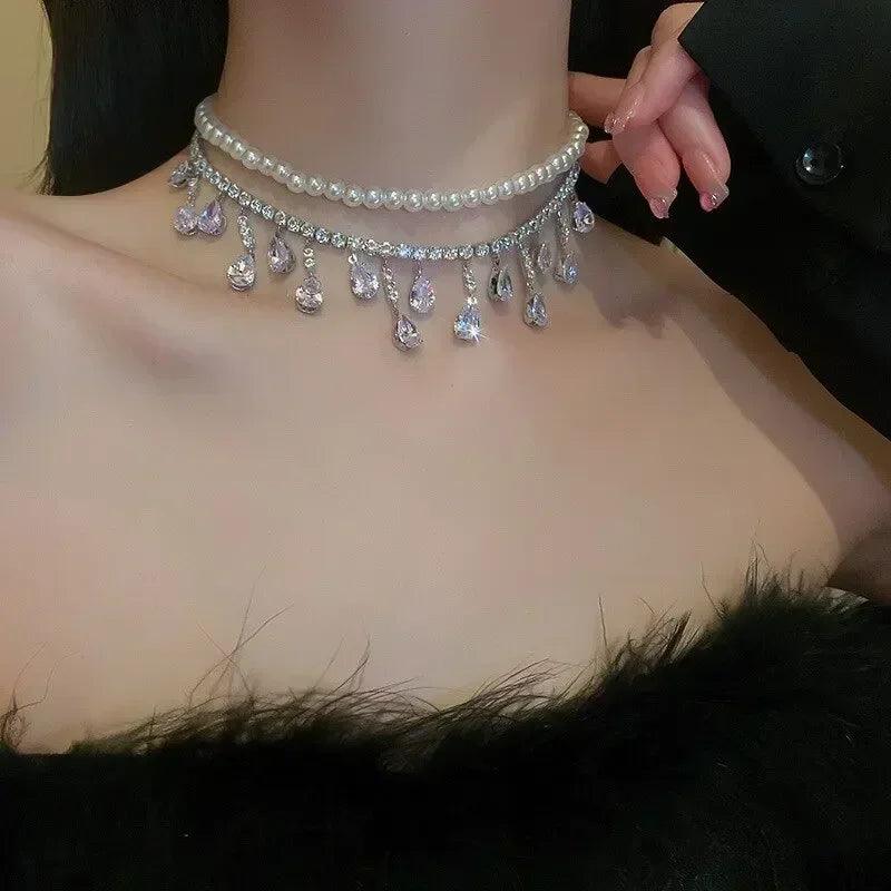 Luxury rhinestone crystal chokers necklaces for women multilayer imitation pearl chain necklace party wedding jewelry