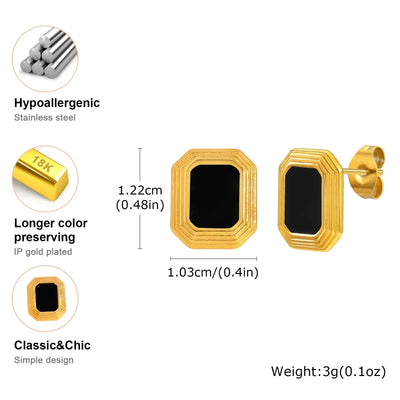 Rectangular Stud Earrings for Women, 18K Gold Plated Statement Earring, Stainless Steel Black Nature Stone Ear Jewelry