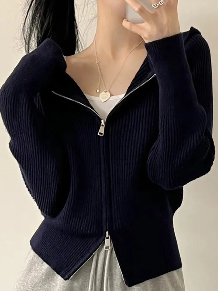 2025 New Casual Long Sleeve Hooded Sweaters Fashion Zipper Cardigan Women's Sweet Knitted Sweater Autumn Solid Sweater Coat