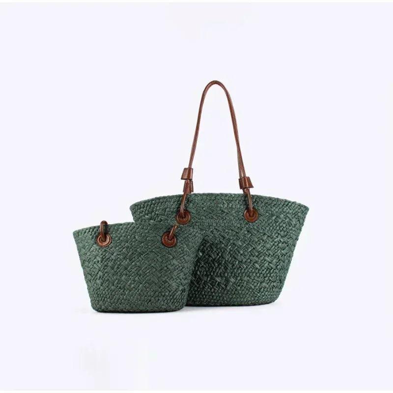 Designer bohemian chic shoulder bag,solid color large capacity straw woven tote bag,nature-inspired beach vacation