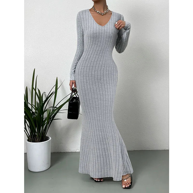 Autumn Women Dress Long Sleeved Grey Office Lady Dress Elegant Outfit Knitting Robe Vintage Gown Fashion Solid Female Clothing