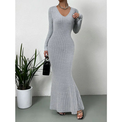 Autumn Women Dress Long Sleeved Grey Office Lady Dress Elegant Outfit Knitting Robe Vintage Gown Fashion Solid Female Clothing