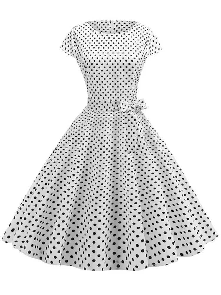 Women Summer Dresses Robe Vintage 50s 60s Big Swing Party Rockabilly Dress White Polka Dot Vestidos