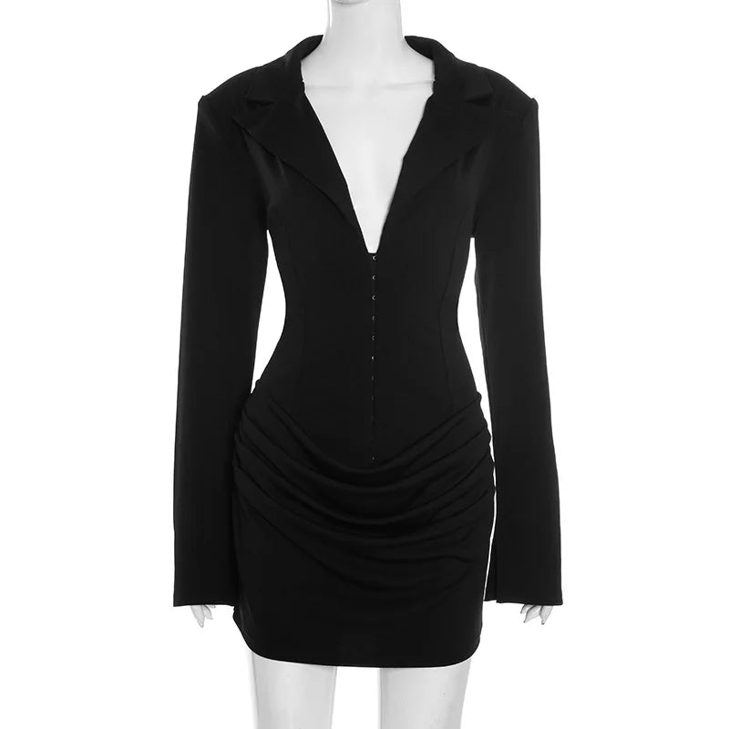 Women Elegant Blazer Mini Dress Sexy Single Breasted Notched Deep V Neck Full Sleeve Ruched Bodycon Party Outfits Office Lady