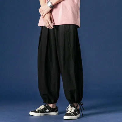 Wide leg Pants Men Streetwear Baggy Loose Pants M-8XL Plus size Ankle length Trousers cotton linen pants Black white khaki