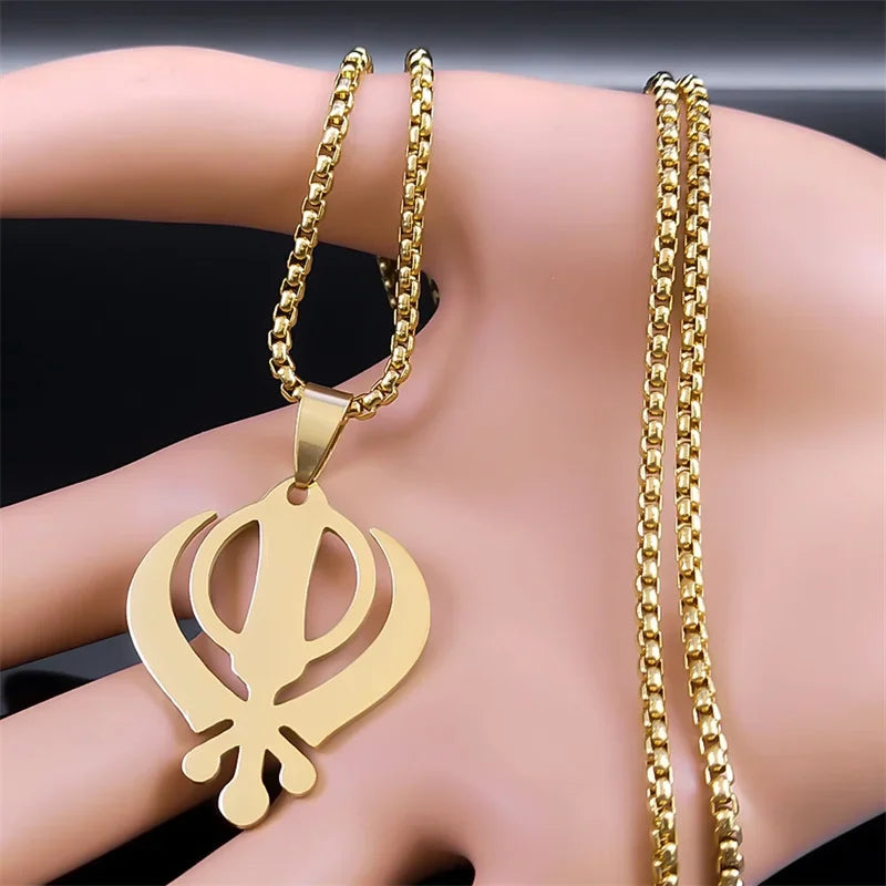 Sikhism Necklace for Women/Men Stainless Steel Sikh Khanda India Pakistan Malaysia Punjab Religious Necklaces Jewelry N8090GDS02
