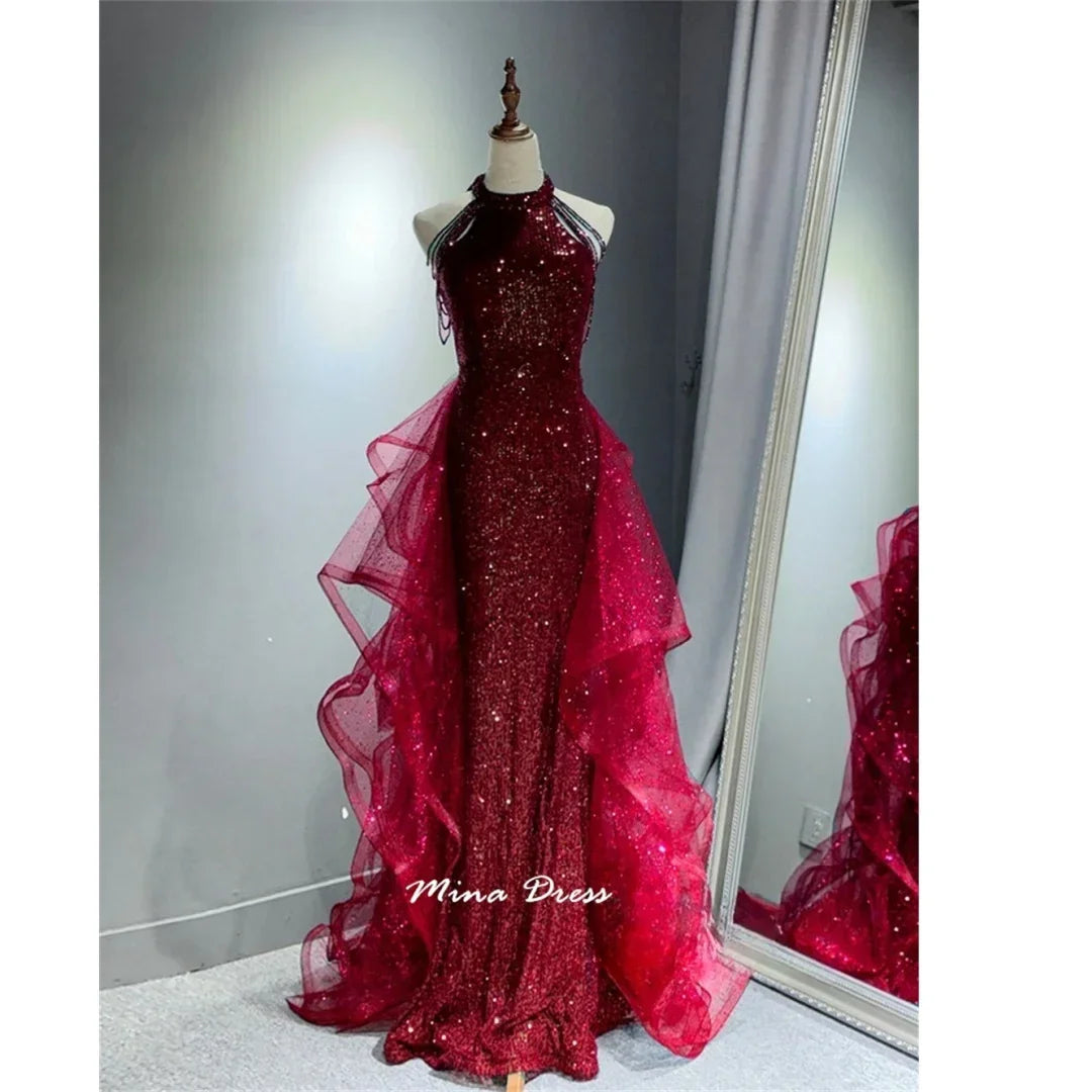 Mina Customized Evening Gown Sequins Chiffon Dress for Wedding Guests Wrinkles Elegant Women's Dresses for Party Formal Occasion