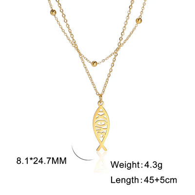 Jeshayuan Christian Jesus Fish Pendant Necklaces For Women Double Layer Stainless Greek ΙΧΘΥΣ Christian Religious Gift