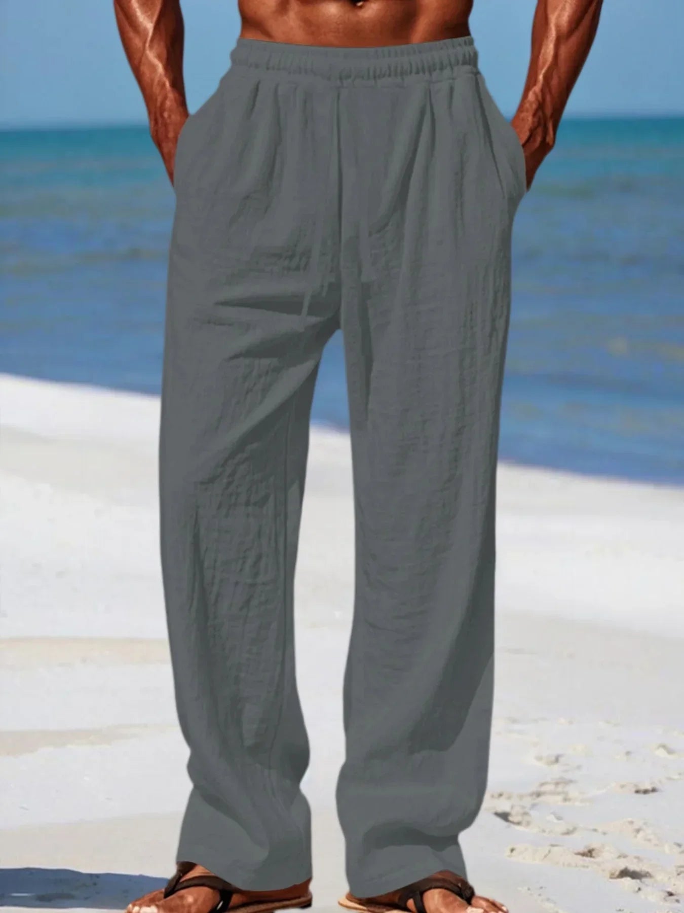 Men's Beach Pants Breathable Loose Straight Trousers Male Summer Casual Solid Color Streetwear Drawstring Long Pants