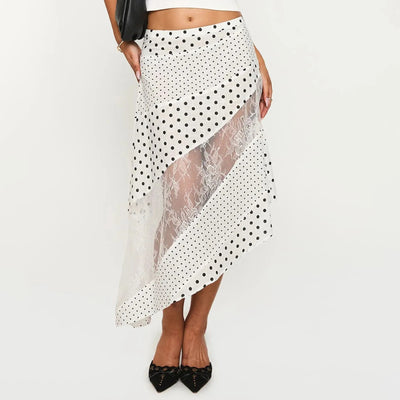 Women's Flowy Midi Skirt Vintage Low Waist Floral/Dots Print Long Skirt Lightweight Fall Skirt