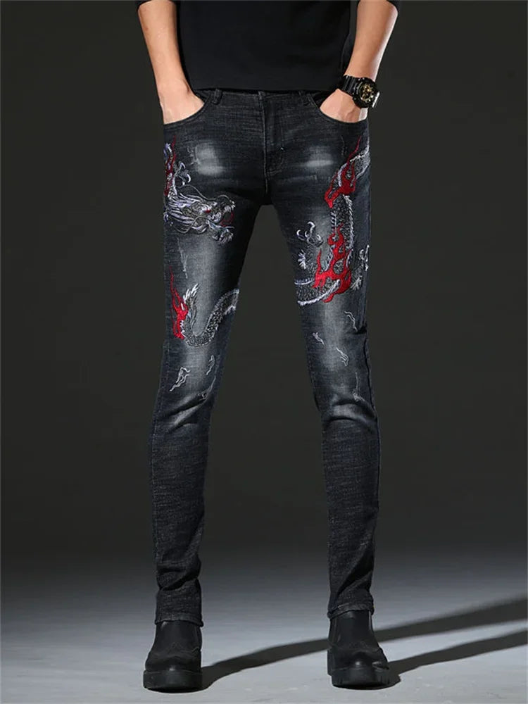 Men's Chinese Dragon Embroidery Jeans Fashion Kylin Embroidered Slim Pencil Pants Stretch Denim Trousers jeans for men pants