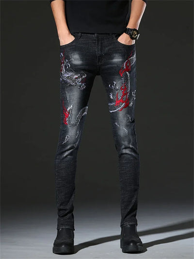Men's Chinese Dragon Embroidery Jeans Fashion Kylin Embroidered Slim Pencil Pants Stretch Denim Trousers jeans for men pants