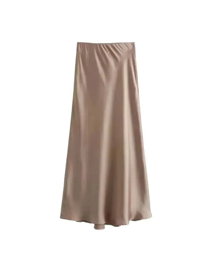 Women's Flowing Satin Midi Skirt, High Waist With Elastic Waistband, Female Skirts, Chic Fashion