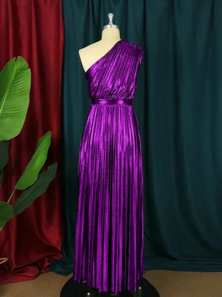 Elegant women even dresses luxury maxi long metallic pleated dress one shoulder sleeveless premium shiny shimmer gowns