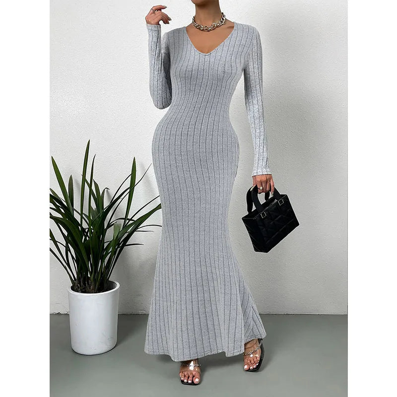 Autumn Women Dress Long Sleeved Grey Office Lady Dress Elegant Outfit Knitting Robe Vintage Gown Fashion Solid Female Clothing