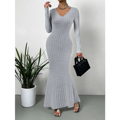 Autumn Women Dress Long Sleeved Grey Office Lady Dress Elegant Outfit Knitting Robe Vintage Gown Fashion Solid Female Clothing